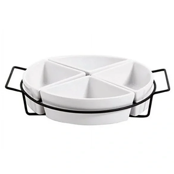 Benevolence 4-Tray Condiment Set, White Ceramic Stoneware with Metal Rack NIB - Picture 2 of 6